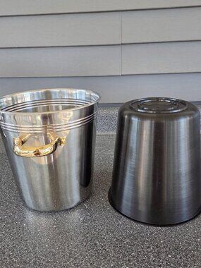 Stainless Steel Wine Cooler or Ice Bucket 18/10 Brass Handles Art Deco No Lid